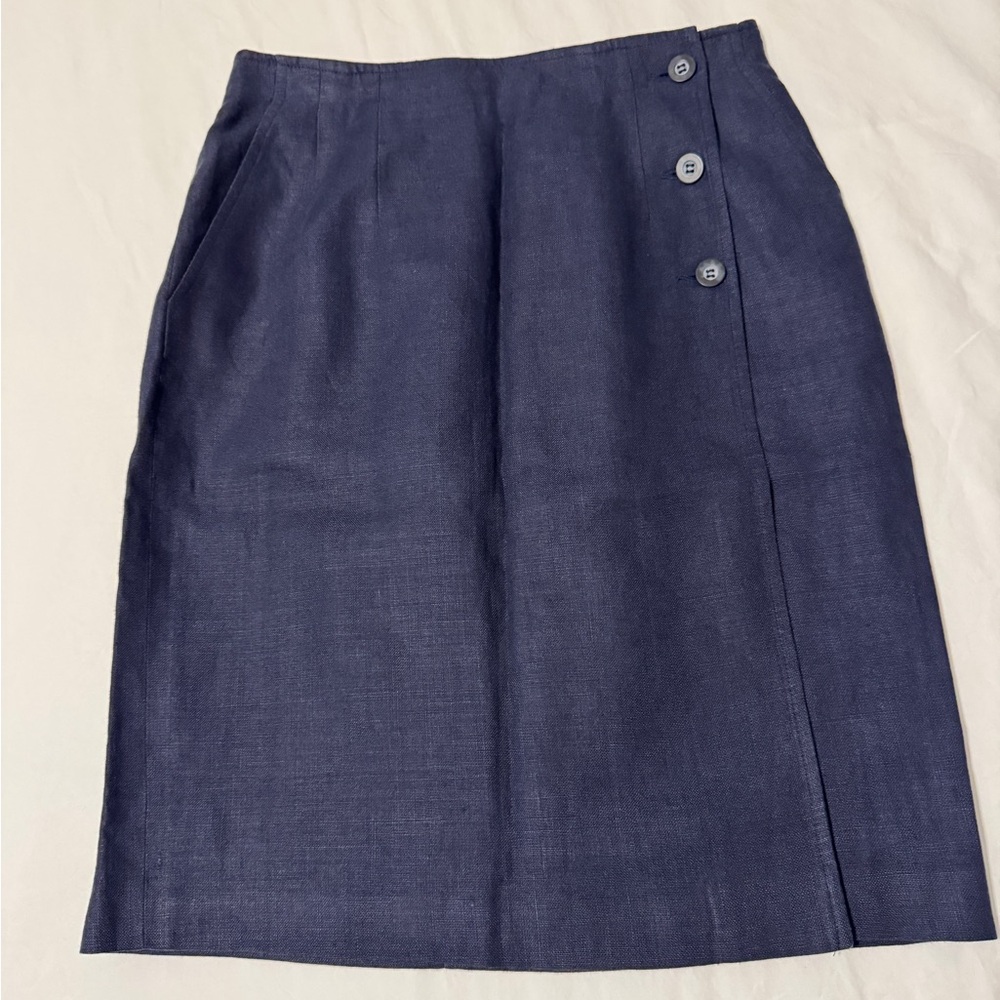 Liz Claiborne Petite Collection Vintage Size 8 Linen Navy Blue Wrap Pencil Skirt